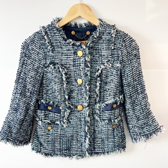 Tory Burch Jackets & Blazers - Tory Burch Danielle Tweed Evening Jacket Tweed Blazer Navy and White Size 0